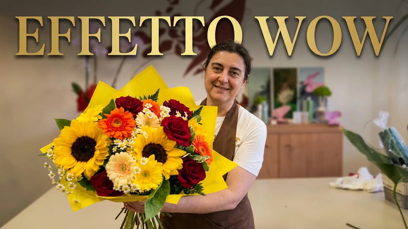 Barbara di Fiorista Bandera mostra un bouquet di girasoli rose e altri fiori nel negozio di Gallarate