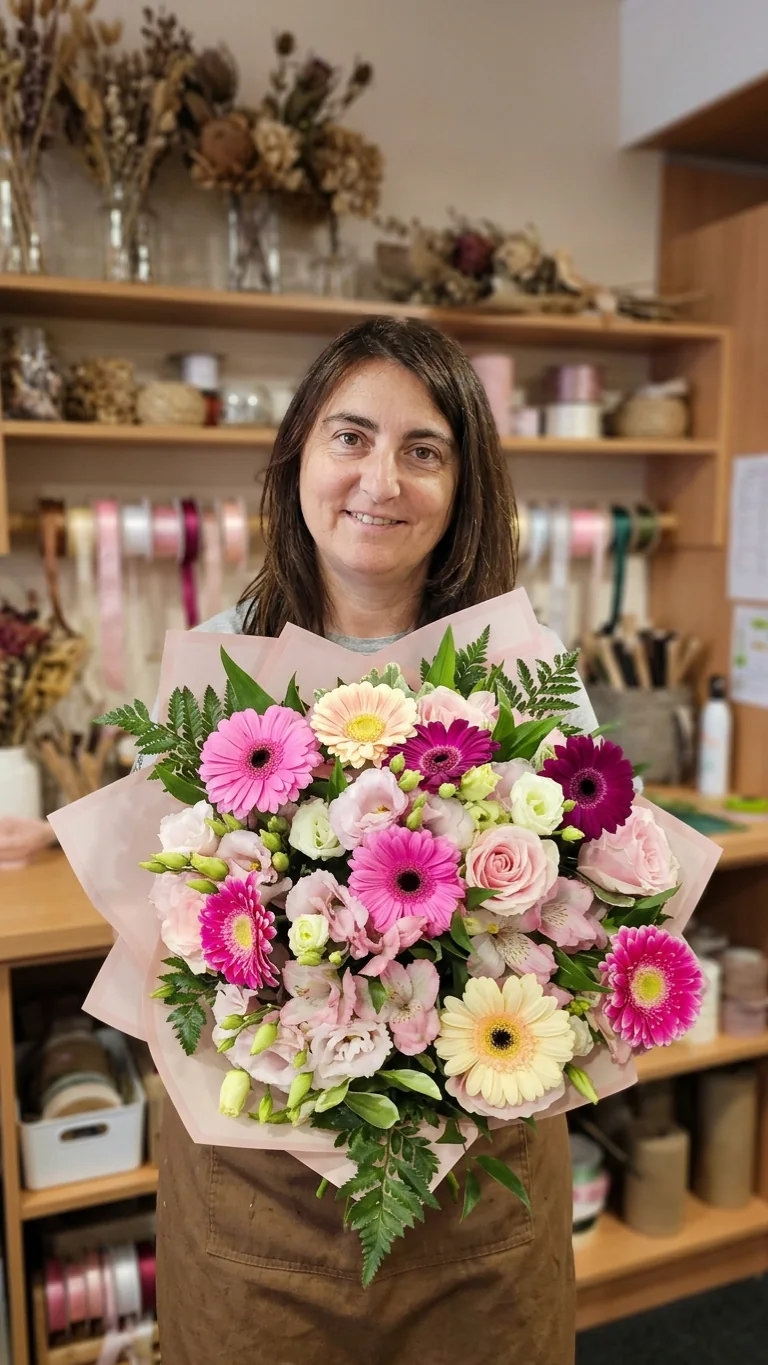 Barbara con bouquet di lisianthus, minigerbere e altri fiori dai toni pastello preparato da Fiorista Bandera a Gallarate