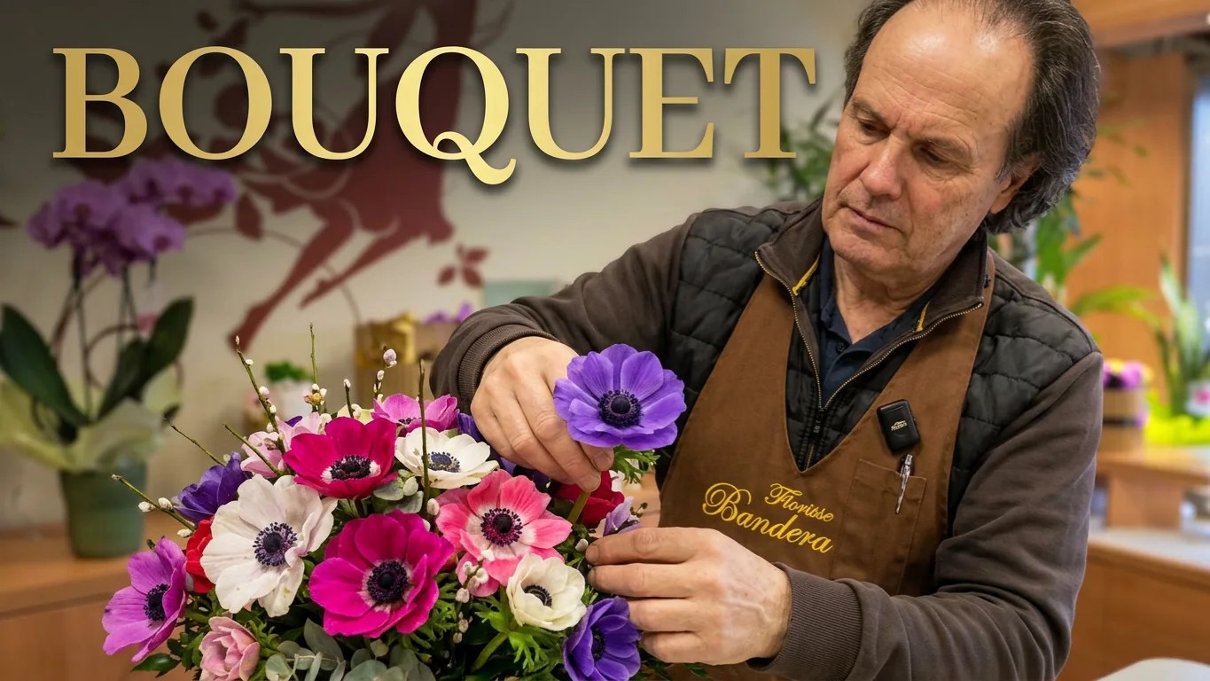 Marco che prepara un bouquet di anemoni nel laboratorio Fiorista Bandera